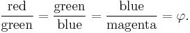 \frac{\mathrm{red}}{\mathrm{green}} = \frac{\mathrm{green}}{\mathrm{blue}} = \frac{\mathrm{blue}}{\mathrm{magenta}} = \varphi.