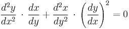  \frac{d^2y}{dx^2}\,\cdot\,\frac{dx}{dy} %2B \frac{d^2x}{dy^2}\,\cdot\,\left(\frac{dy}{dx}\right)^2  =  0 