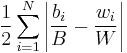 \frac{1}{2} \sum_{i=1}^N  \left| \frac{b_i}{B} - \frac{w_i}{W} \right| 