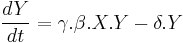 \frac{dY}{dt} = \gamma . \beta . X . Y - \delta . Y