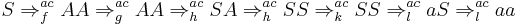 S \Rightarrow^{ac}_{f} AA \Rightarrow^{ac}_{g} AA \Rightarrow^{ac}_{h} SA \Rightarrow^{ac}_{h} SS \Rightarrow^{ac}_{k} SS \Rightarrow^{ac}_{l} aS \Rightarrow^{ac}_{l} aa