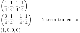 \begin{align}
&\left(\frac{1}{4},\frac{1}{4},\frac{1}{4},\frac{1}{4}\right)\\
&\left(\frac{3}{4},\frac{1}{4},-\frac{1}{4},\frac{1}{4}\right)\qquad\text{2-term truncation}\\
&\left(1,0,0,0\right)
\end{align}