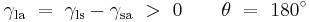 \gamma_{\mathrm{la}}\ =\ \gamma_{\mathrm{ls}} - \gamma_\mathrm{sa}\ >\ 0\qquad \theta\ =\ 180^\circ