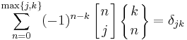 \sum_{n=0}^{\max\{j,k\}} (-1)^{n-k} \left[{n\atop j}\right] \left\{{k\atop n}\right\} = \delta_{jk}