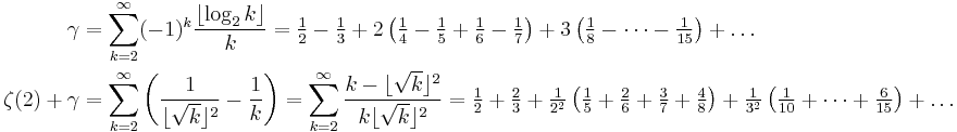 
\begin{align}
 \gamma &= \sum_{k=2}^\infty (-1)^k \frac{ \left \lfloor \log_2 k \right \rfloor}{k}
  = \tfrac12-\tfrac13
  %2B 2\left(\tfrac14 - \tfrac15 %2B \tfrac16 - \tfrac17\right)
  %2B 3\left(\tfrac18 - \dots - \tfrac1{15}\right) %2B \dots\\
 \zeta(2) %2B \gamma  &= \sum_{k=2}^\infty\left(\frac1{\lfloor \sqrt{k} \rfloor^2} - \frac1{k}\right)
  = \sum_{k=2}^{\infty} \frac{k - \lfloor\sqrt{k}\rfloor^2}{k\lfloor\sqrt{k}\rfloor^2} 
  = \tfrac12 %2B \tfrac23 %2B \tfrac1{2^2}\left(\tfrac15 %2B \tfrac26 %2B \tfrac37 %2B \tfrac48\right)
                        %2B \tfrac1{3^2}\left(\tfrac1{10} %2B \dots %2B \tfrac6{15}\right) %2B \dots
\end{align}
