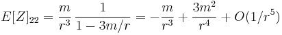 E[Z]_{22} = \frac{m}{r^3} \, \frac{1}{1-3m/r} = -\frac{m}{r^3} %2B \frac{3m^2}{r^4} %2B O(1/r^5) 