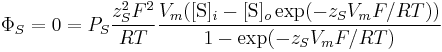 \Phi_{S}=0=P_{S}\frac{z_{S}^2F^{2}}{RT}\frac{V_{m}([\mbox{S}]_{i} - [\mbox{S}]_{o}\exp(-z_{S}V_{m}F/RT))}{1 - \exp(-z_{S}V_{m}F/RT)}