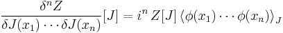 \frac{\delta^n Z}{\delta J(x_1) \cdots \delta J(x_n)}[J] = i^n \, Z[J] \, {\left\langle \phi(x_1)\cdots \phi(x_n)\right\rangle}_J