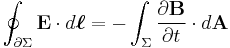  \oint_{\partial \Sigma} \mathbf{E} \cdot d\boldsymbol{\ell} = - \int_{\Sigma} \frac{\partial \mathbf{B}}{\partial t} \cdot d\mathbf{A}  