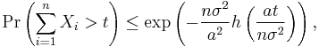 \Pr\left( \sum_{i=1}^n X_i > t \right) \leq
\exp\left( - \frac{n\sigma^2}{a^2} h\left(\frac{at}{n\sigma^2} \right)\right),