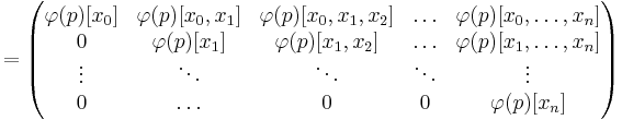 = \begin{pmatrix}
\varphi(p)[x_0] & \varphi(p)[x_0,x_1] & \varphi(p)[x_0,x_1,x_2] & \ldots & \varphi(p)[x_0,\dots,x_n] \\
0 & \varphi(p)[x_1] & \varphi(p)[x_1,x_2] & \ldots & \varphi(p)[x_1,\dots,x_n] \\
\vdots & \ddots & \ddots & \ddots & \vdots \\
0 & \ldots & 0 & 0 & \varphi(p)[x_n]
\end{pmatrix}
