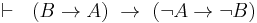  \vdash \ \ \left( B \rightarrow A \right) \ \rightarrow \ \left( \lnot A \rightarrow \lnot B \right) 