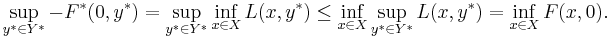 \sup_{y^* \in Y^*} -F^*(0,y^*) = \sup_{y^* \in Y^*} \inf_{x \in X} L(x,y^*) \leq \inf_{x \in X} \sup_{y^* \in Y^*} L(x,y^*) = \inf_{x \in X} F(x,0).