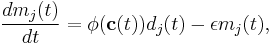 \,\frac{d m_j(t)}{d t} = \phi(\textbf{c}(t))d_j(t)-\epsilon m_j(t),