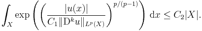 \int_{X} \exp \left( \left( \frac{| u(x) |}{C_{1} \| \mathrm{D}^{k} u \|_{L^{p} (X)}} \right)^{p / (p - 1)} \right) \, \mathrm{d} x \leq C_{2} | X |.