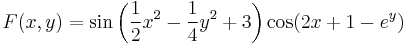 F(x,y)=\sin\left(\frac{1}{2} x^2 - \frac{1}{4} y^2 %2B 3 \right) \cos(2 x%2B1-e^y)