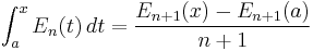 \int_a^x E_n(t)\,dt =
\frac{E_{n%2B1}(x)-E_{n%2B1}(a)}{n%2B1}