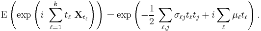  \operatorname{E}\left(\exp\left(i \ \sum_{\ell=1}^k t_\ell \ \mathbf{X}_{t_\ell}\right)\right) = \exp \left(-\frac{1}{2} \, \sum_{\ell, j} \sigma_{\ell j} t_\ell t_j %2B i \sum_\ell \mu_\ell t_\ell\right). 