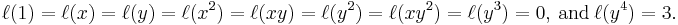  \ell(1) = \ell(x) = \ell(y) = \ell(x^2) = \ell(xy) = \ell(y^2) = \ell(xy^2) = \ell(y^3) = 0, \ \text{and} \  \ell(y^4) = 3 .