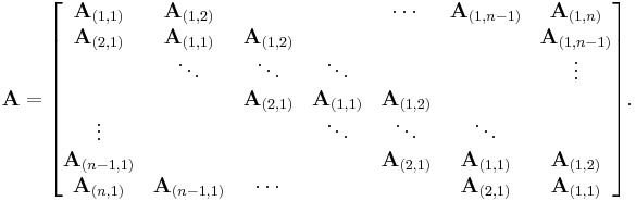  
\mathbf{A} = \begin{bmatrix}
\mathbf{A}_{(1,1)}  & \mathbf{A}_{(1,2)}  &         &         & \cdots  &     \mathbf{A}_{(1,n-1)}    & \mathbf{A}_{(1,n)} \\
\mathbf{A}_{(2,1)}  & \mathbf{A}_{(1,1)}  & \mathbf{A}_{(1,2)}   &         &         &         & \mathbf{A}_{(1,n-1)} \\
       & \ddots & \ddots  & \ddots  &         &         & \vdots \\
       &        & \mathbf{A}_{(2,1)}   & \mathbf{A}_{(1,1)}   & \mathbf{A}_{(1,2)}   &         & \\
\vdots &        &         & \ddots  & \ddots  & \ddots  & \\
\mathbf{A}_{(n-1,1)}       &        &         &         & \mathbf{A}_{(2,1)} & \mathbf{A}_{(1,1)} & \mathbf{A}_{(1,2)}   \\
\mathbf{A}_{(n,1)}      & \mathbf{A}_{(n-1,1)}       & \cdots  &         &         & \mathbf{A}_{(2,1)}   & \mathbf{A}_{(1,1)}
\end{bmatrix}.
