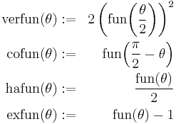 
\begin{align}
\operatorname{verfun}(\theta) &:=& 2\left(\operatorname{fun}\!\left(\frac{\theta}{2}\right)\right)^2 \\
\operatorname{cofun}(\theta)  &:=& \operatorname{fun}\!\left(\frac{\pi}{2}-\theta\right) \\
\operatorname{hafun}(\theta)  &:=& \frac{\operatorname{fun}(\theta)}{2} \\
\operatorname{exfun}(\theta)  &:=& \operatorname{fun}(\theta)-1 \\
\end{align}
