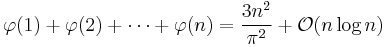 
\varphi(1)%2B\varphi(2)%2B\cdots%2B\varphi(n) = \frac{3n^2}{\pi^2}%2B\mathcal{O} (n\log n)
