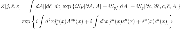 
\begin{align}
Z[j,\bar\varepsilon,\varepsilon] & = \int [dA][d\bar c][dc] \exp\left\{iS_F[\partial A,A]%2BiS_{gf}[\partial A]%2BiS_g[\partial c,\partial\bar c,c,\bar c,A]\right\} \\
&\exp\left\{i\int d^4x j^a_\mu(x)A^{a\mu}(x)%2Bi\int d^4x[\bar c^a(x)\varepsilon^a(x)%2B\bar\varepsilon^a(x) c^a(x)]\right\}
\end{align}
