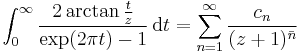 \int_0^\infty \frac{2\arctan \frac{t}{z}}{\exp(2 \pi t)-1} \,{\rm d}t
= \sum_{n=1}^\infty \frac{c_n}{(z%2B1)^{\bar n}}