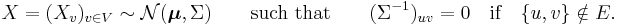 X=(X_v)_{v\in V} \sim \mathcal N (\boldsymbol \mu, \Sigma) \qquad \text{such that} \qquad (\Sigma^{-1})_{uv} =0 \quad \text{if} \quad \{u,v\} \notin E .