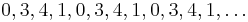 0,3,4,1,0,3,4,1,0,3,4,1,\ldots