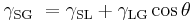 \gamma_\text{SG}\ =\gamma_\text{SL}%2B\gamma_\text{LG}\cos{\theta} \,