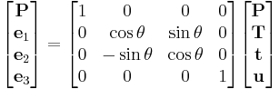 
\begin{bmatrix}
\mathbf{P}\\
\mathbf{e}_1\\
\mathbf{e}_2\\
\mathbf{e}_3
\end{bmatrix}
=
\begin{bmatrix}
1&0&0&0\\
0&\cos\theta&\sin\theta&0\\
0&-\sin\theta&\cos\theta&0\\
0&0&0&1
\end{bmatrix}
\begin{bmatrix}
\mathbf{P}\\
\mathbf{T}\\
\mathbf{t}\\
\mathbf{u}
\end{bmatrix}
