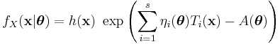  f_X(\mathbf{x}|\boldsymbol \theta) = h(\mathbf{x})\ \exp\left(\sum_{i=1}^s \eta_i({\boldsymbol \theta}) T_i(\mathbf{x}) - A({\boldsymbol \theta}) \right) \,\!