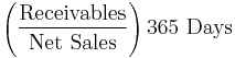 \left (\frac{\mbox{Receivables}}{\mbox{Net Sales}}\right)\mbox{365 Days}