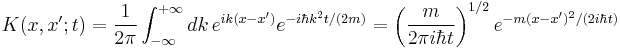 K(x,x';t)=\frac{1}{2\pi}\int_{-\infty}^{%2B\infty}dk\,e^{ik(x-x')}e^{-i\hbar k^2 t/(2m)}=\left(\frac{m}{2\pi i\hbar t}\right)^{1/2}e^{-m(x-x')^2/(2i\hbar t)}