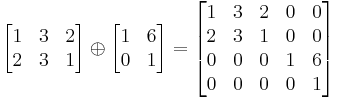 
  \begin{bmatrix}
    1 & 3 & 2 \\
    2 & 3 & 1
  \end{bmatrix}
\oplus
  \begin{bmatrix}
    1 & 6 \\
    0 & 1
  \end{bmatrix}
=
  \begin{bmatrix}
    1 & 3 & 2 & 0 & 0 \\
    2 & 3 & 1 & 0 & 0 \\
    0 & 0 & 0 & 1 & 6 \\
    0 & 0 & 0 & 0 & 1
  \end{bmatrix}
