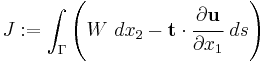 
   J�:= \int_\Gamma \left(W~dx_2 - \mathbf{t}\cdot\cfrac{\partial\mathbf{u}}{\partial x_1}~ds\right)
 