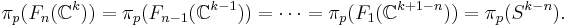 \pi_p(F_n(\mathbb{C}^k)) = \pi_p(F_{n-1}(\mathbb{C}^{k-1})) = \cdots = \pi_p(F_1(\mathbb{C}^{k%2B1-n})) = \pi_p(S^{k-n}).