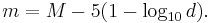  m = M - 5 (1-\log_{10}{d}).\!\,