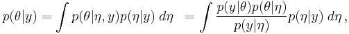 
\begin{align}
p(\theta|y)
& = \int p(\theta|\eta, y) p(\eta | y) \; d \eta
& = \int \frac{p(y | \theta) p(\theta | \eta)}{p(y | \eta)} p(\eta | y) \; d \eta\,,
\end{align}
