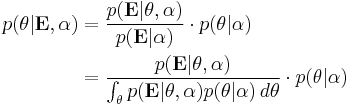 
\begin{align}
p(\mathbf{\theta}|\mathbf{E},\mathbf{\alpha}) &= \frac{p(\mathbf{E}|\mathbf{\theta},\mathbf{\alpha})}{p(\mathbf{E}|\mathbf{\alpha})} \cdot p(\mathbf{\theta}|\mathbf{\alpha}) \\
&= \frac{p(\mathbf{E}|\mathbf{\theta},\mathbf{\alpha})}{\int_\mathbf{\theta} p(\mathbf{E}|\mathbf{\theta},\mathbf{\alpha}) p(\mathbf{\theta}|\mathbf{\alpha}) \, d\mathbf{\theta}} \cdot p(\mathbf{\theta}|\mathbf{\alpha})
\end{align}
