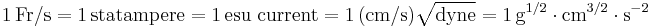 \mathrm{1\,Fr/s = 1\,statampere = 1\,esu\; current = 1\,(cm/s)\sqrt{dyne}=1\,g^{1/2} \cdot cm^{3/2} \cdot s^{-2}}