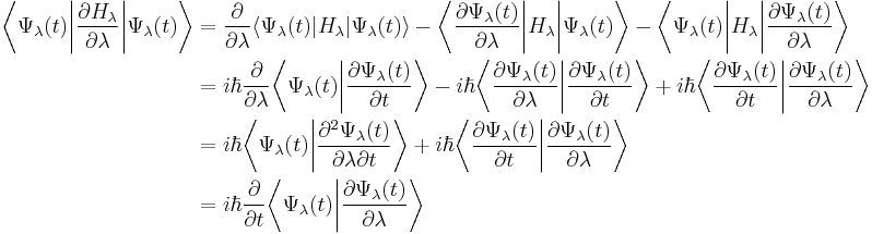 
\begin{align}
\bigg\langle\Psi_\lambda(t)\bigg|\frac{\partial H_\lambda}{\partial\lambda}\bigg|\Psi_\lambda(t)\bigg\rangle &=
\frac{\partial}{\partial\lambda}\langle\Psi_\lambda(t)|H_\lambda|\Psi_\lambda(t)\rangle
- \bigg\langle\frac{\partial\Psi_\lambda(t)}{\partial\lambda}\bigg|H_\lambda\bigg|\Psi_\lambda(t)\bigg\rangle
- \bigg\langle\Psi_\lambda(t)\bigg|H_\lambda\bigg|\frac{\partial\Psi_\lambda(t)}{\partial\lambda}\bigg\rangle \\
&= i\hbar \frac{\partial}{\partial\lambda}\bigg\langle\Psi_\lambda(t)\bigg|\frac{\partial\Psi_\lambda(t)}{\partial t}\bigg\rangle
 - i\hbar\bigg\langle\frac{\partial\Psi_\lambda(t)}{\partial\lambda}\bigg|\frac{\partial\Psi_\lambda(t)}{\partial t}\bigg\rangle
%2B  i\hbar\bigg\langle\frac{\partial\Psi_\lambda(t)}{\partial t}\bigg|\frac{\partial\Psi_\lambda(t)}{\partial\lambda}\bigg\rangle \\
&= i\hbar \bigg\langle\Psi_\lambda(t)\bigg| \frac{\partial^2\Psi_\lambda(t)}{\partial\lambda \partial t}\bigg\rangle
%2B  i\hbar\bigg\langle\frac{\partial\Psi_\lambda(t)}{\partial t}\bigg|\frac{\partial\Psi_\lambda(t)}{\partial\lambda}\bigg\rangle \\
&= i \hbar \frac{\partial}{\partial t}\bigg\langle\Psi_\lambda(t)\bigg|\frac{\partial \Psi_\lambda(t)}{\partial \lambda}\bigg\rangle
\end{align}
