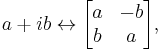 a %2B ib \leftrightarrow \begin{bmatrix}
a & -b  \\
b & a \end{bmatrix},