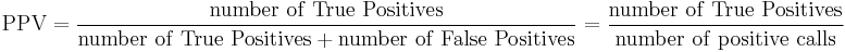  {\rm PPV} = \frac{\rm number\ of\ True\ Positives}{{\rm number\ of\ True\ Positives}%2B{\rm number\ of\ False\ Positives}} = \frac{\rm number\ of\ True\ Positives}{\rm number\ of\ positive\ calls}