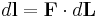 d\mathbf{l} = \mathbf{F}\cdot d\mathbf{L}\,\!