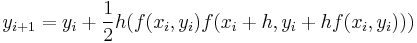 y_{i%2B1} = y_{i} %2B \frac{1}{2} h (f(x_i, y_i) f(x_i %2B h, y_i %2B hf(x_i, y_i)))