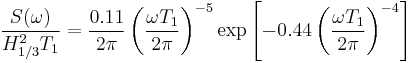 
  \frac{S(\omega)}{H_{1/3}^2 T_1} = \frac{0.11}{2\pi} \left(\frac{\omega T_1}{2\pi}\right)^{-5} \mathrm{exp} \left[-0.44 \left(\frac{\omega T_1}{2\pi}\right)^{-4} \right]
 