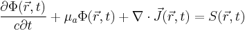  \frac{\partial \Phi(\vec{r},t)}{c\partial t} %2B \mu_a\Phi(\vec{r},t) %2B \nabla \cdot \vec{J}(\vec{r},t) = S(\vec{r},t)