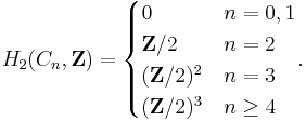 H_2(C_n,\mathbf{Z}) = \begin{cases}
 0 & n = 0, 1\\
 \mathbf{Z}/2 & n = 2\\
 (\mathbf{Z}/2)^2 & n = 3\\
 (\mathbf{Z}/2)^3 & n \geq 4 \end{cases}.